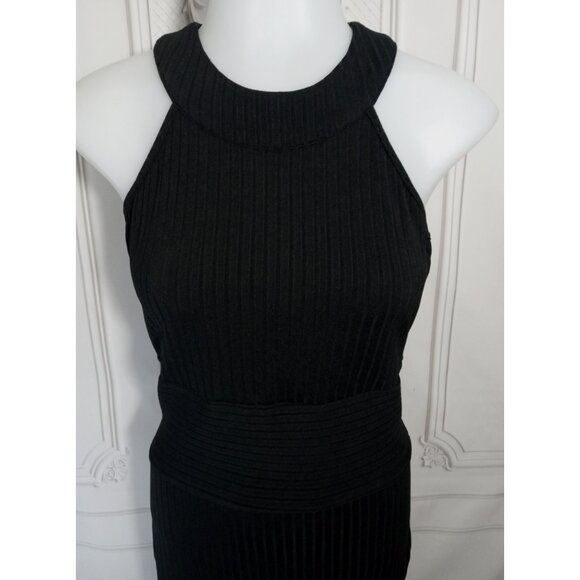 bebe Racer Halter Neck Rib Knit Black Bodycon Dress Sz M - Picture 3 of 9